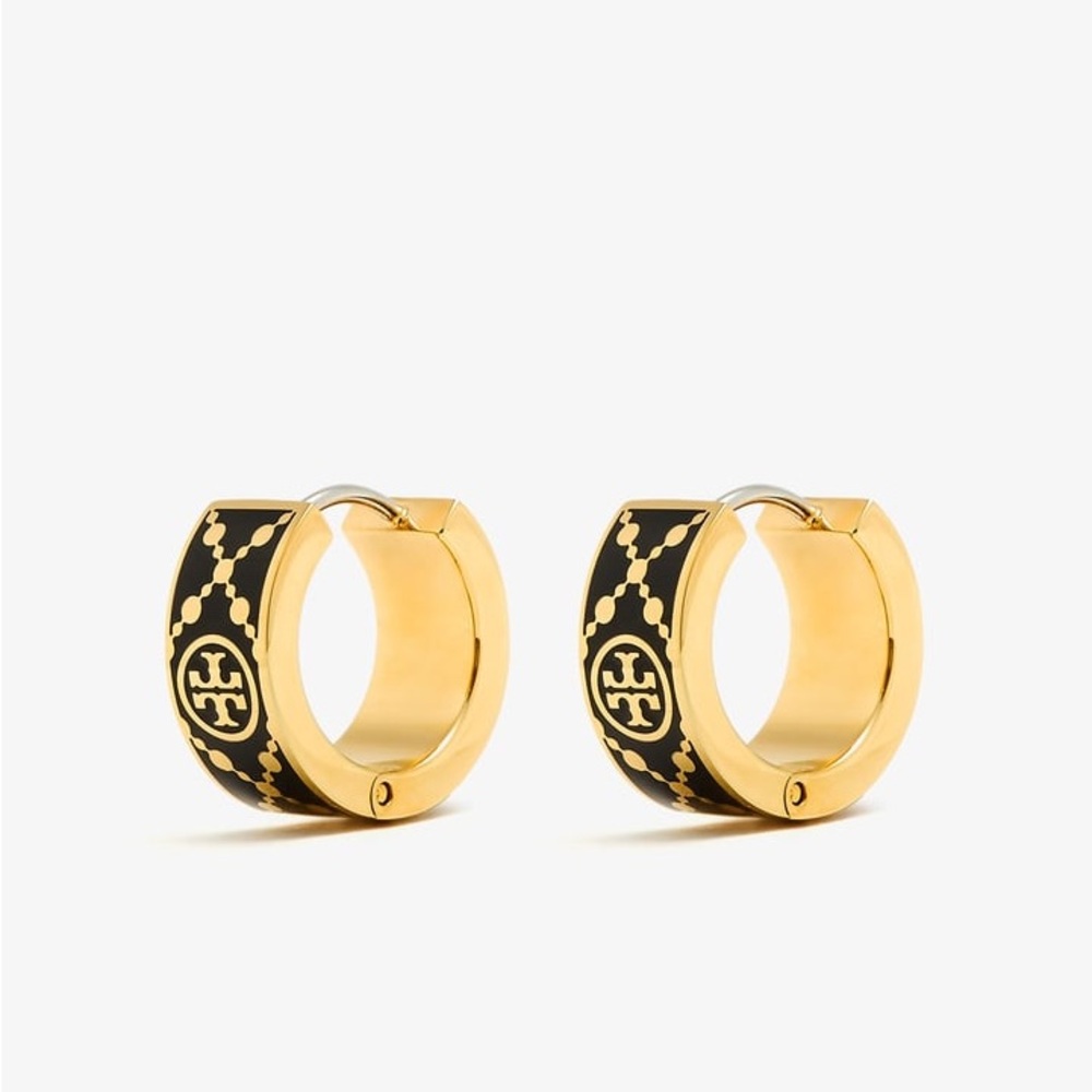 NIP Tory Burch Black and Gold T-Monogram Huggie Earrings - Picture 5 of 8